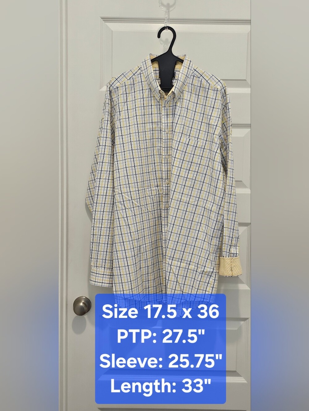 Paul Fredrick Contrast Trim Check Dress Shirt 17.5 x 36 Yellow Blue Plaid